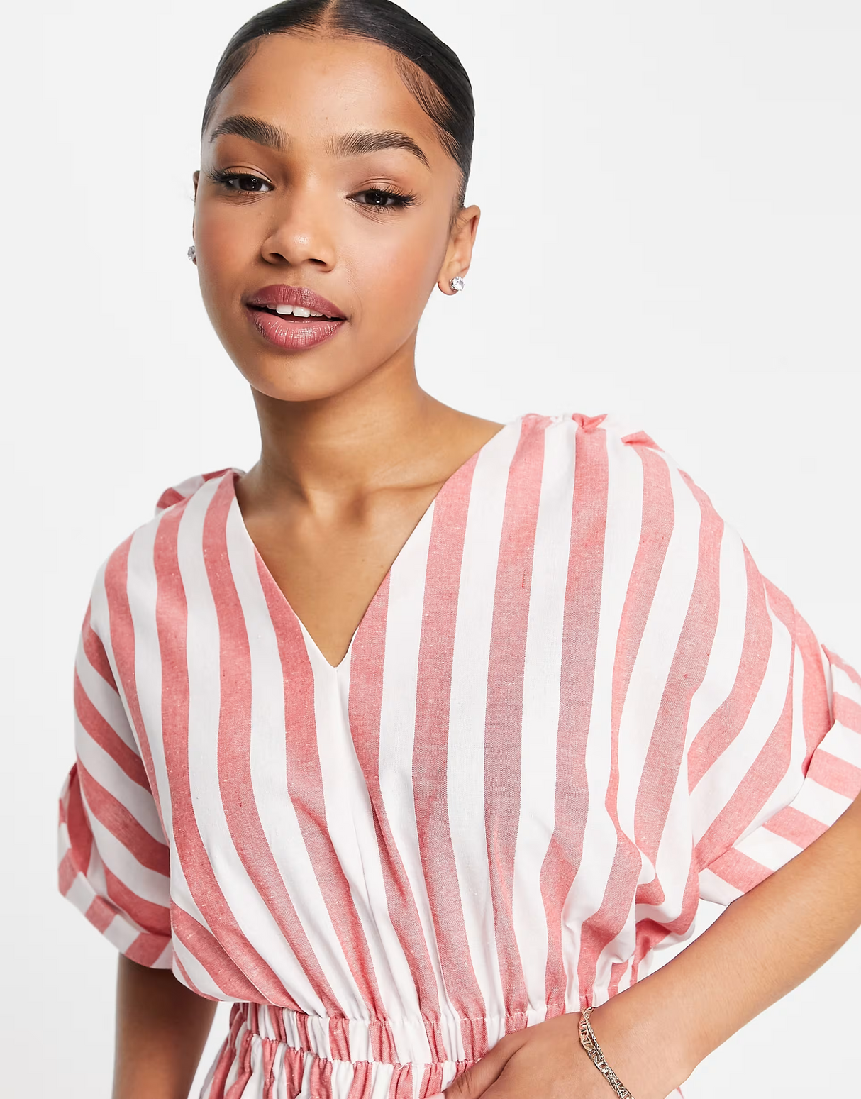 Urban Revivo Cinched Waist Playsuit In Red Stripe