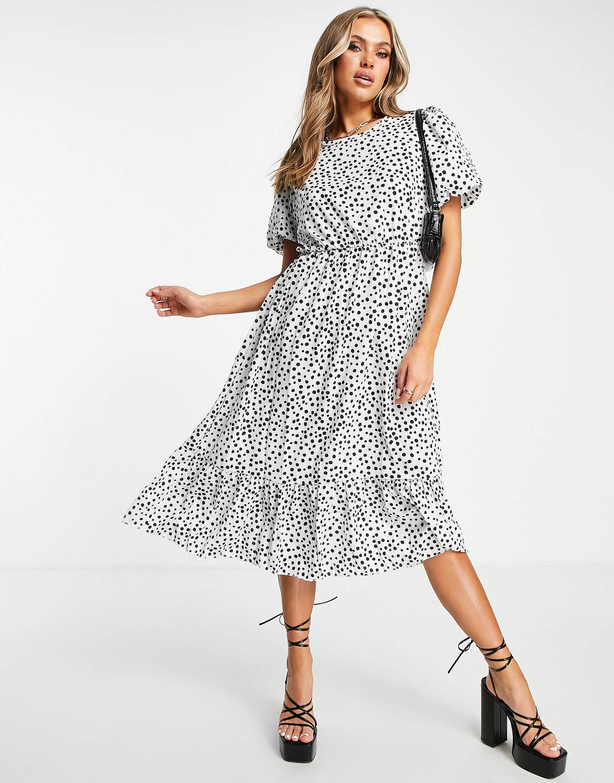 I Saw It First Polka Dot Puff Sleeve Midi Dress In White