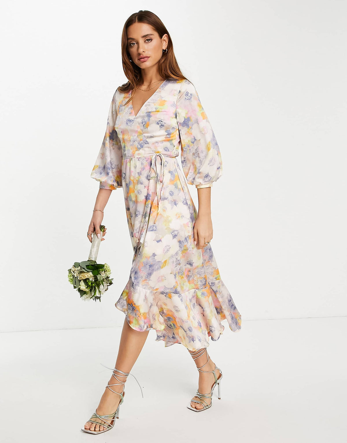 Liquorish Satin Wrap Midi Dress With Puff Sleeve In Soft Pastel Floral
