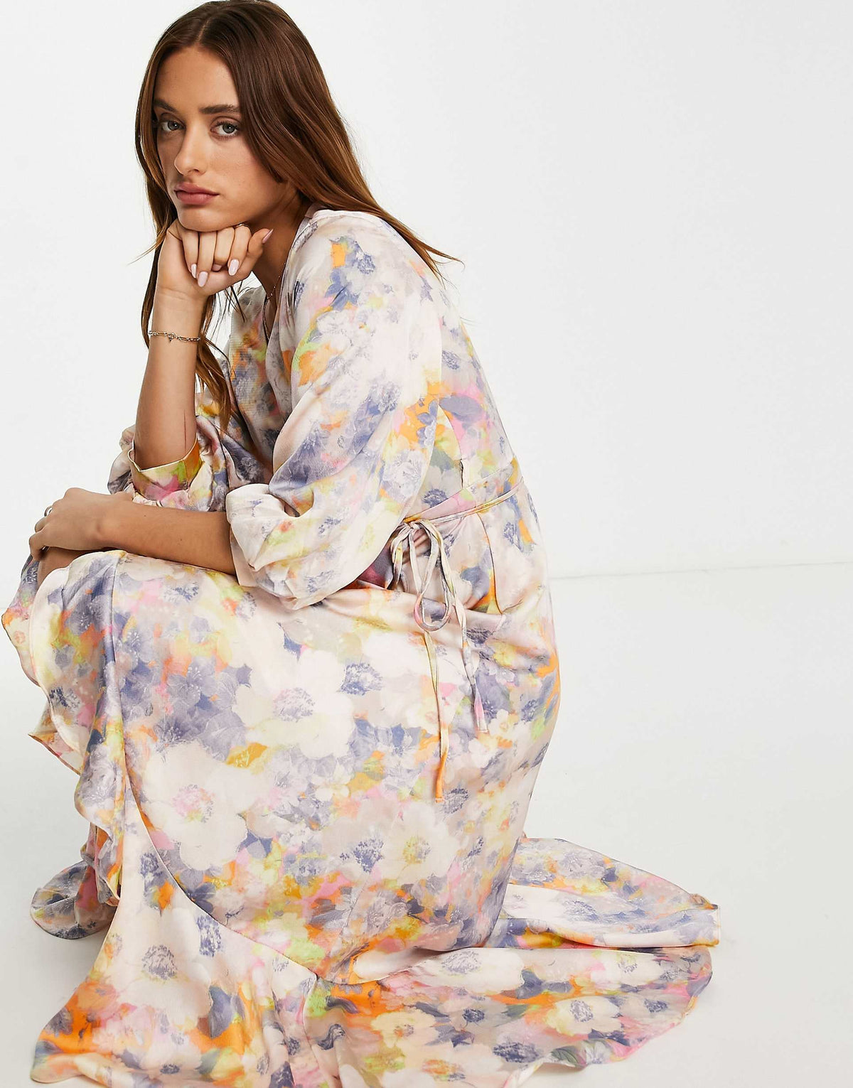Liquorish Satin Wrap Midi Dress With Puff Sleeve In Soft Pastel Floral