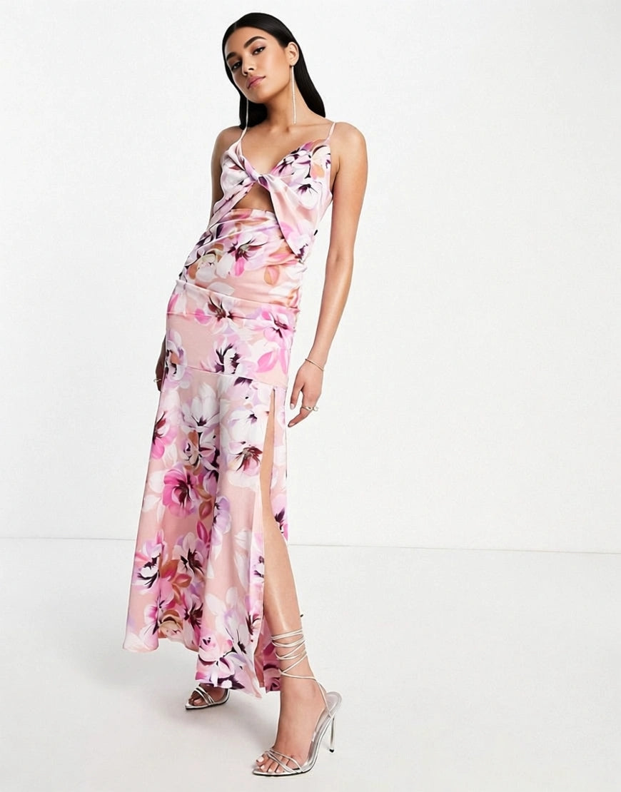 Liquorish Satin Twist Front Maxi Dress With Split In Pastel Floral