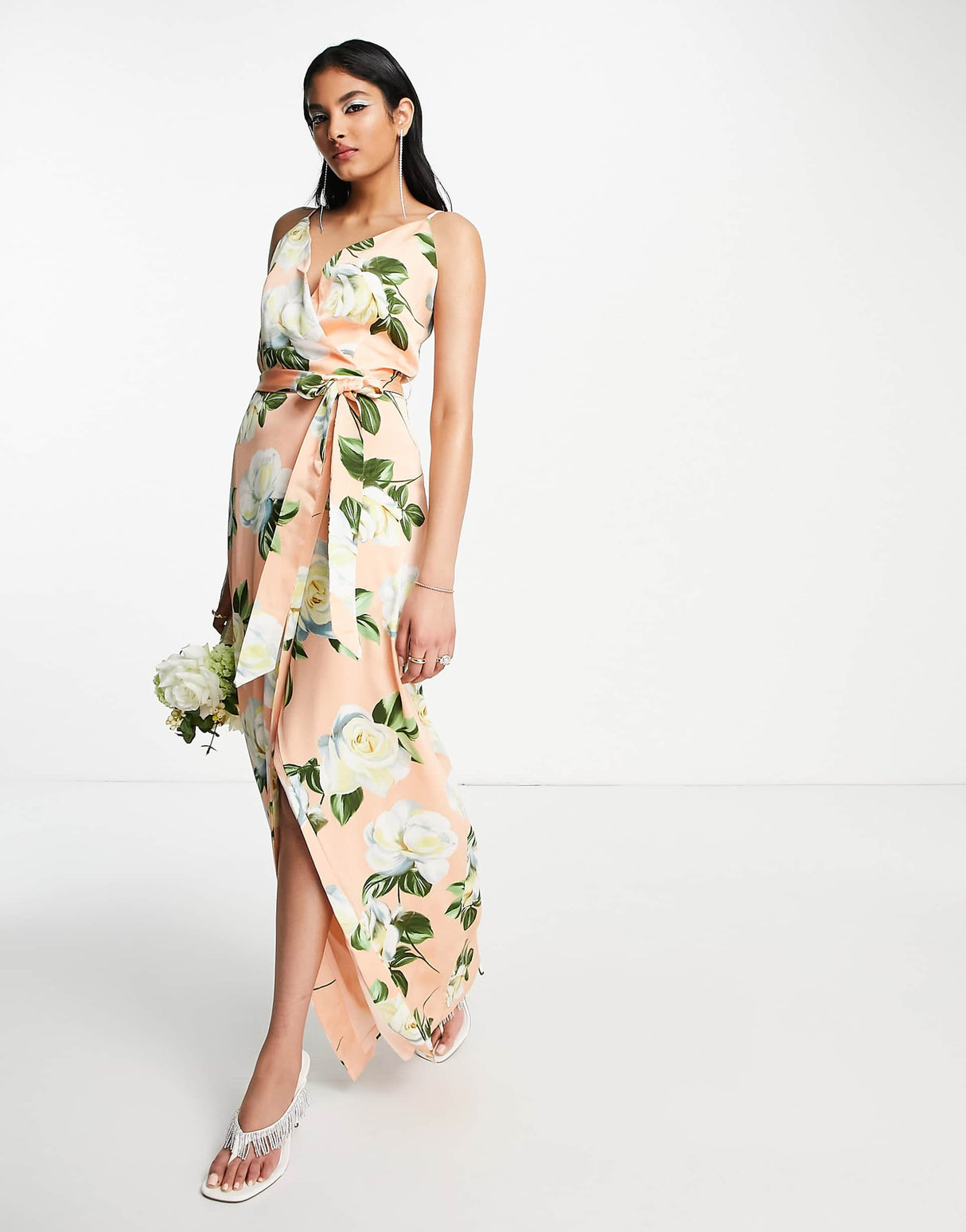 Liquorish Satin Wrap Maxi Dress With Belt In Peach Rose Print