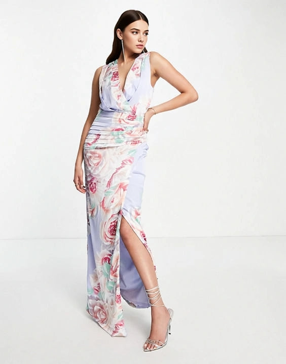 Liquorish Satin Wrap Front Maxi Dress In Blue Floral