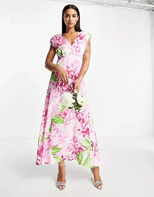 Liquorish Plunge Front Maxi Dress In Green And Pink Floral