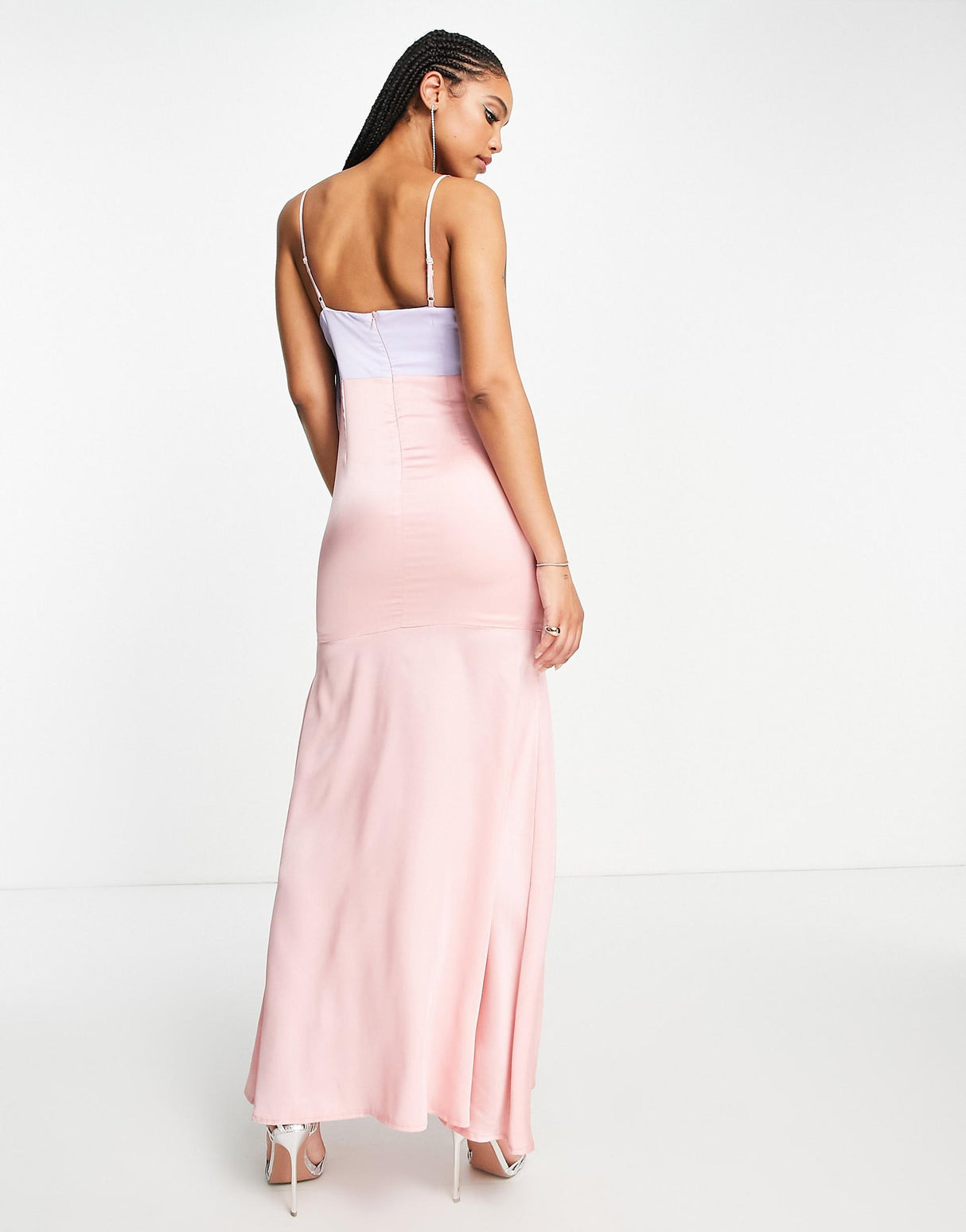 Liquorish Satin Twist Front Maxi Dress With Split Colour Block Blue And Pink