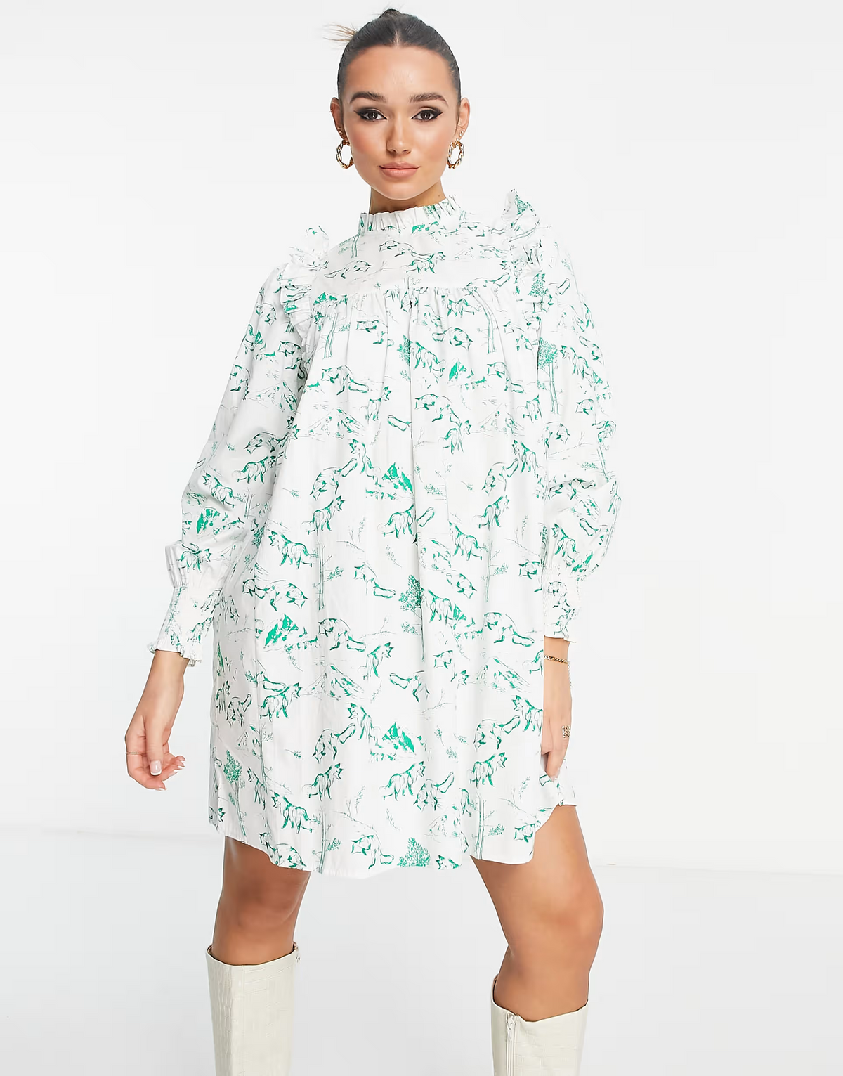 Envii Long Sleeve Mini Smock Dress With Frill Detail In Fox Print