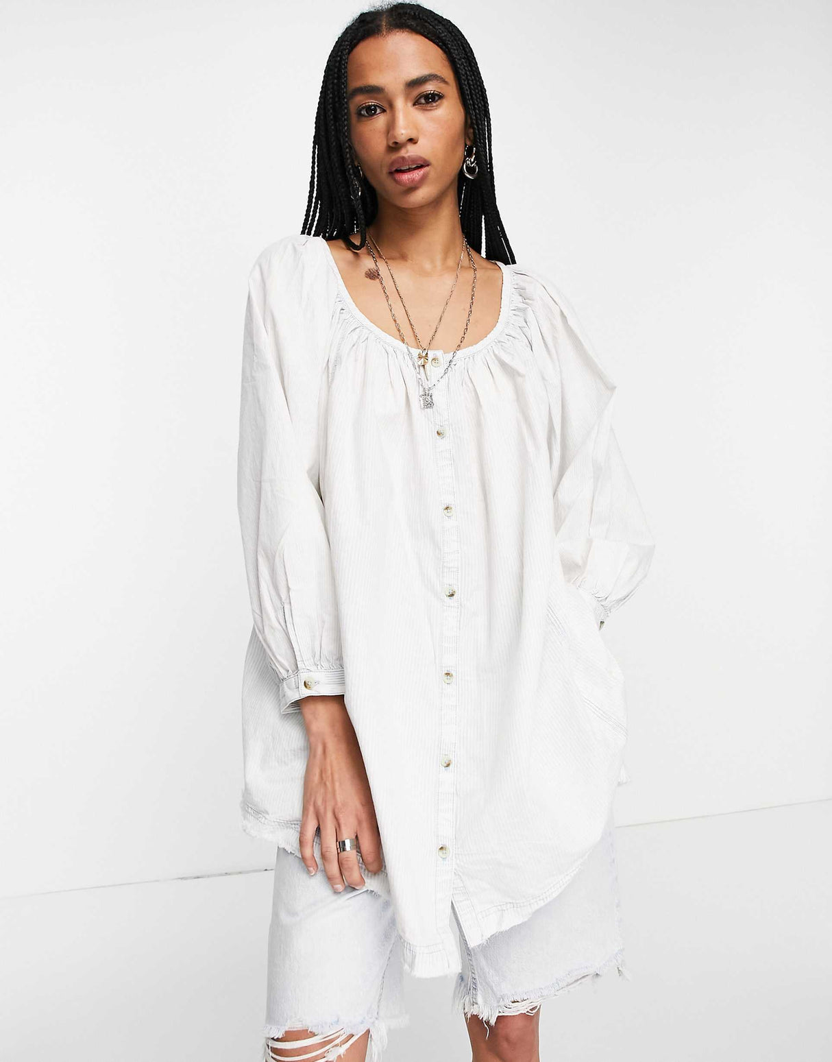 Free People Oxford Swing Tunic Blouse In Off White