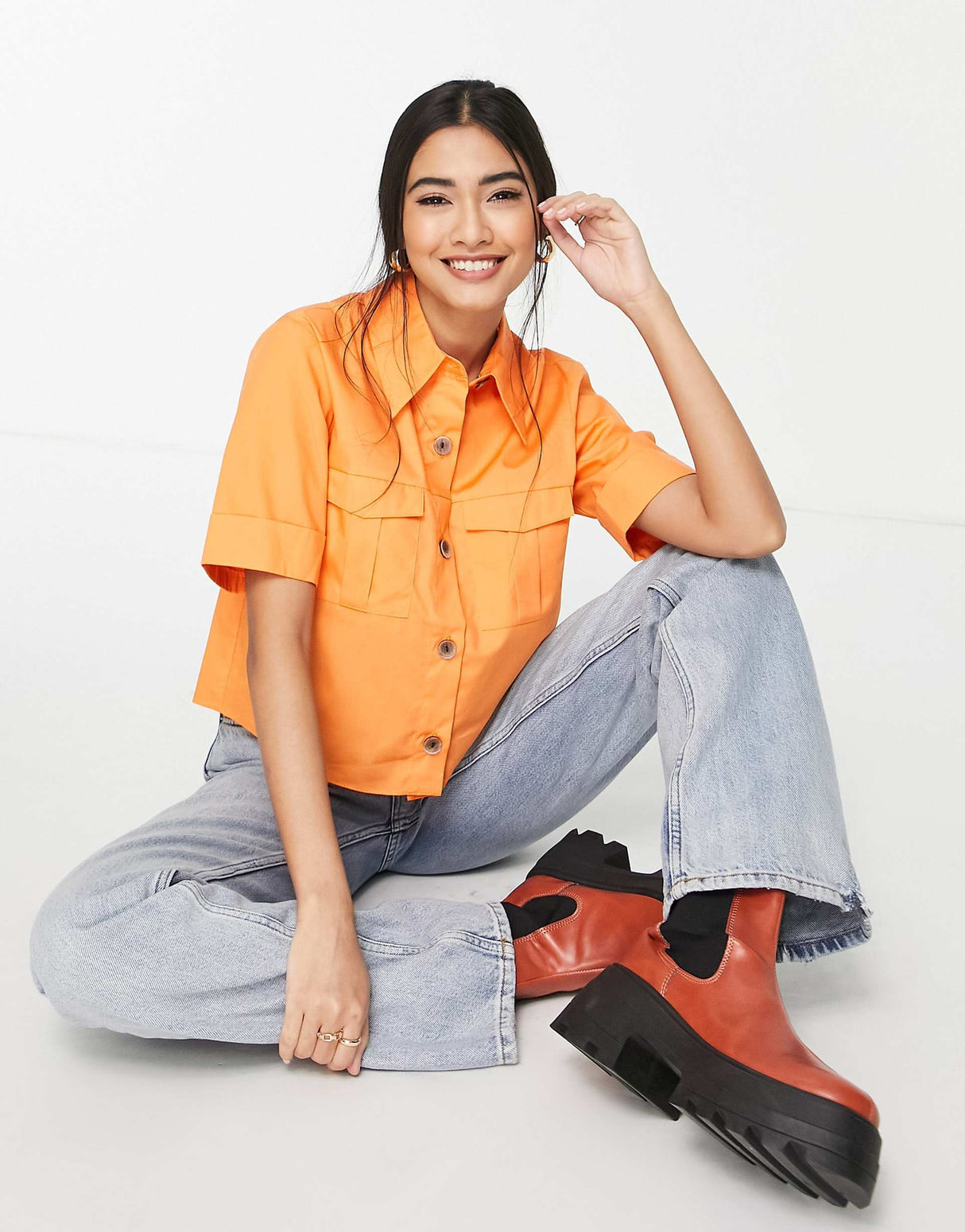 River Island Cropped Utility Shirt In Orange