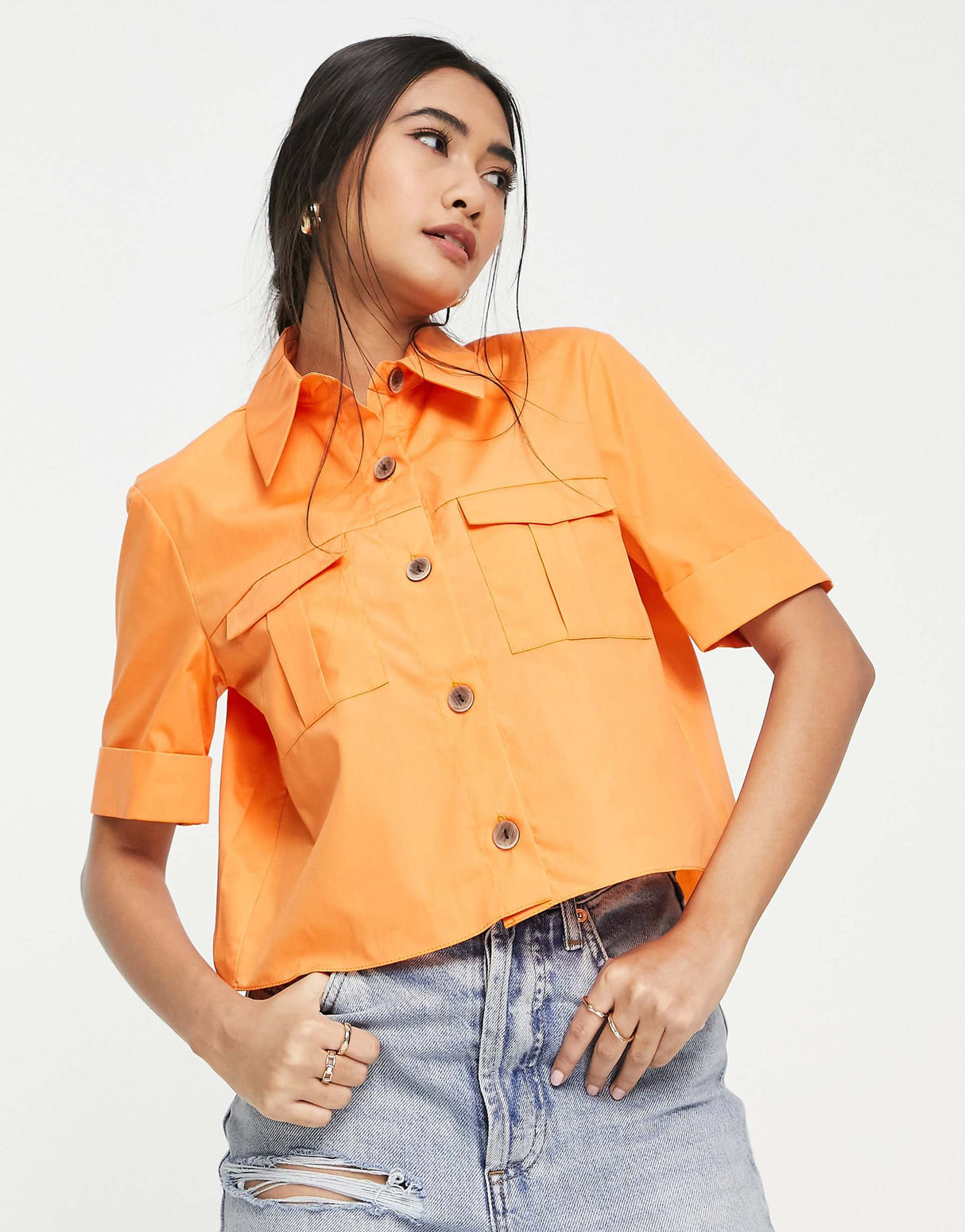 River Island Cropped Utility Shirt In Orange