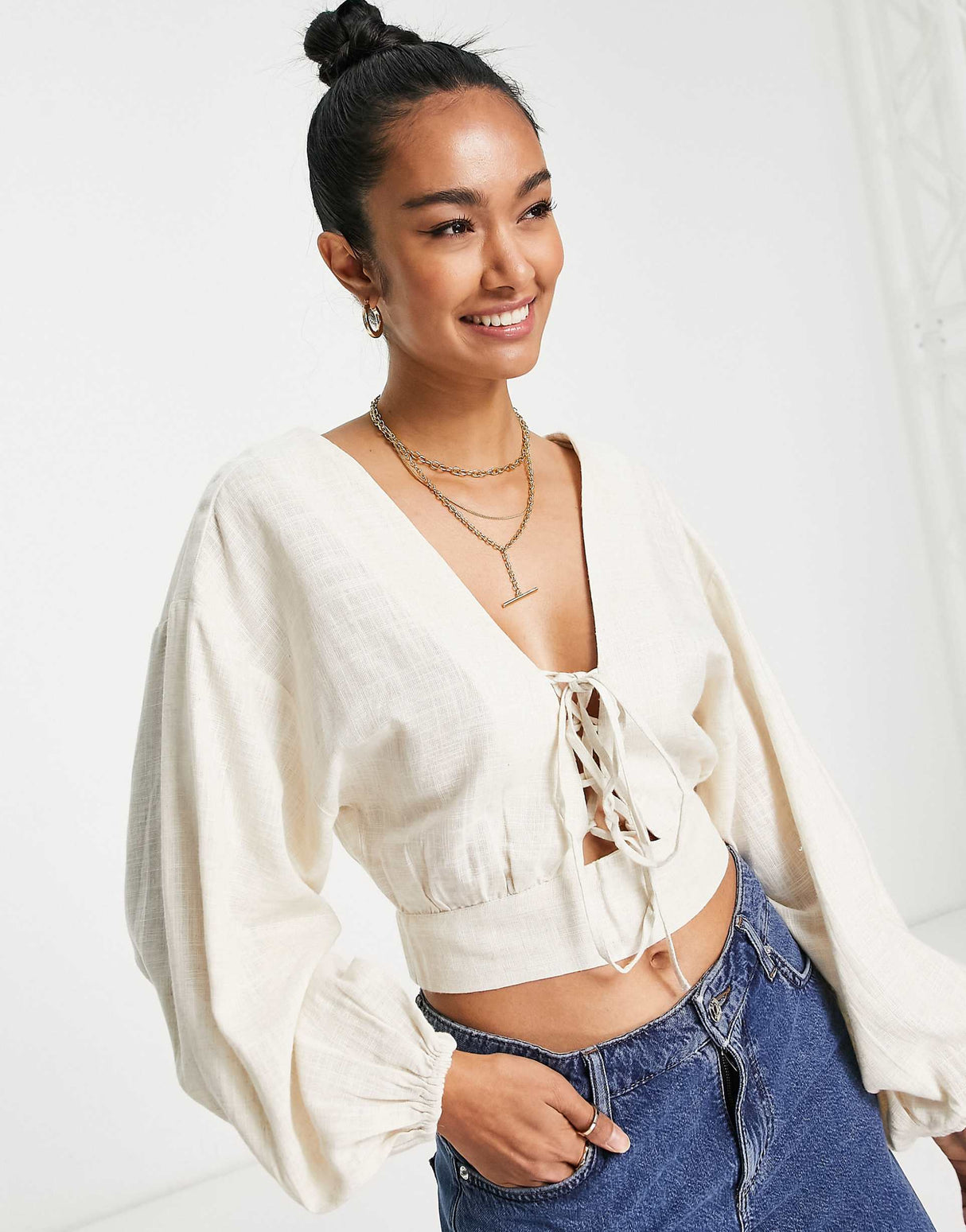 Asos Design Linen Top With Lace Up Front & Volume Sleeve In Oatmeal