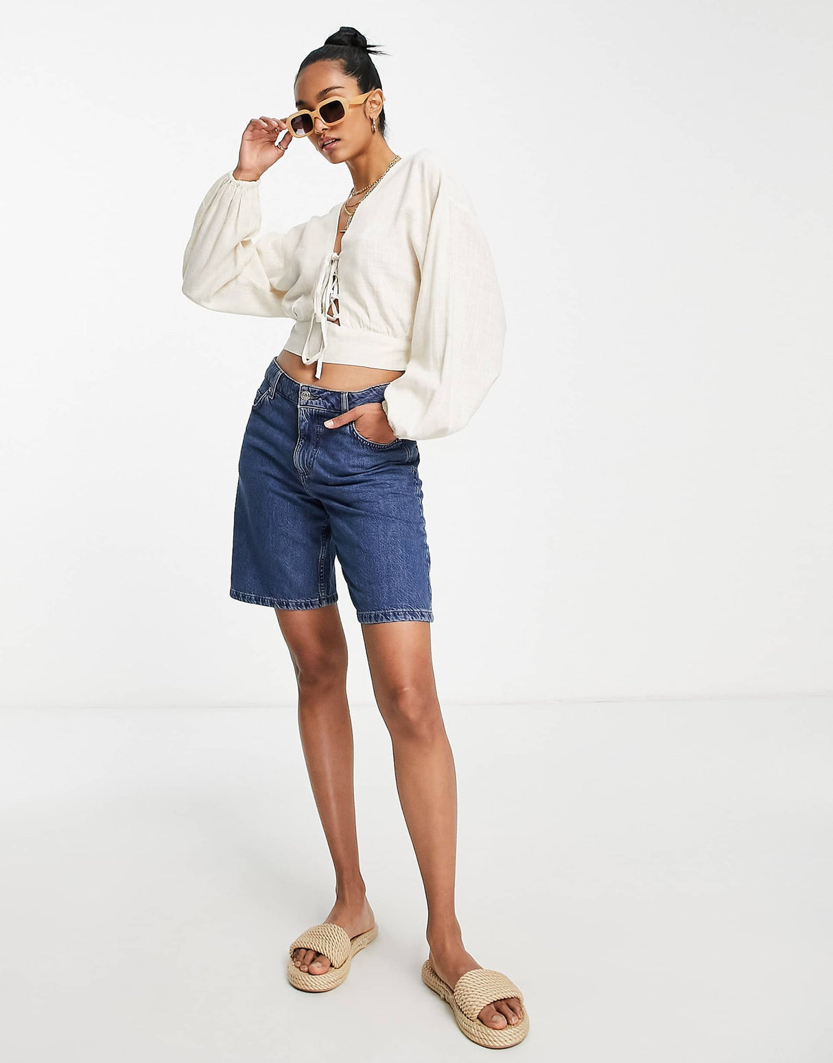 Asos Design Linen Top With Lace Up Front & Volume Sleeve In Oatmeal