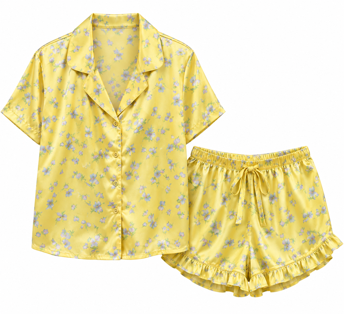 Asos Design Floral Satin Shirt & Frill Short Pyjama Set In Yellow