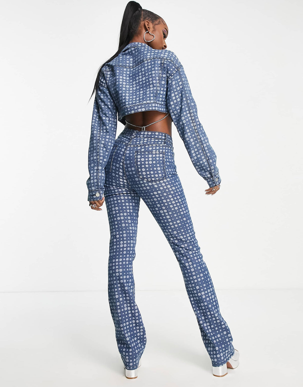 The Kript High Waisted Skinny Flare Jeans In Warped Spot Denim Co-Ord