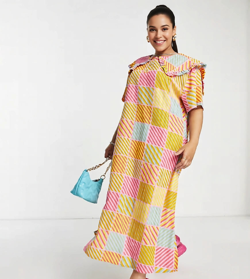 Native Youth Maxi Dress With Pleated Collar In Textured Check