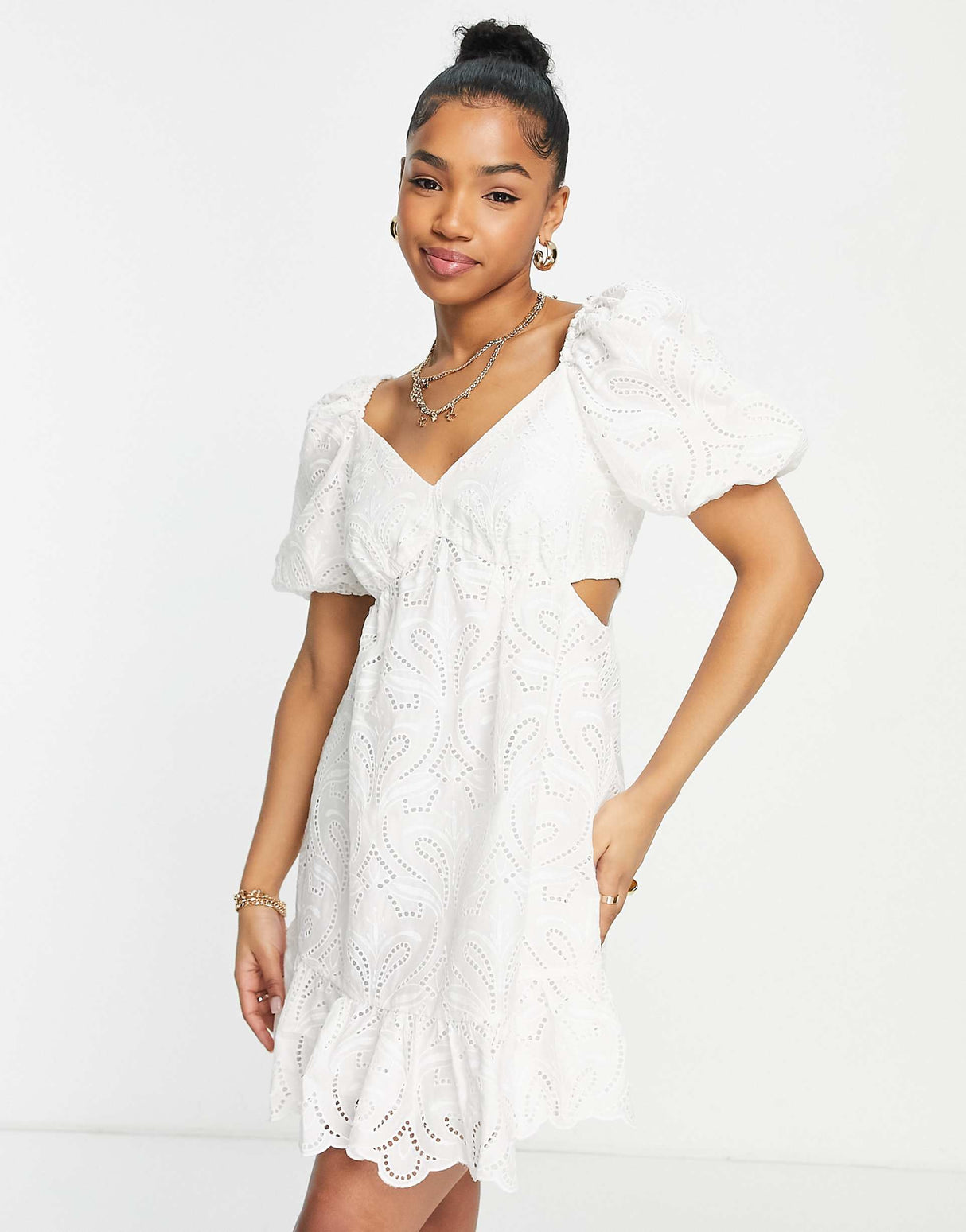 Forever New Puff Sleeve Cut-Out Mini Dress In Ivory Broderie