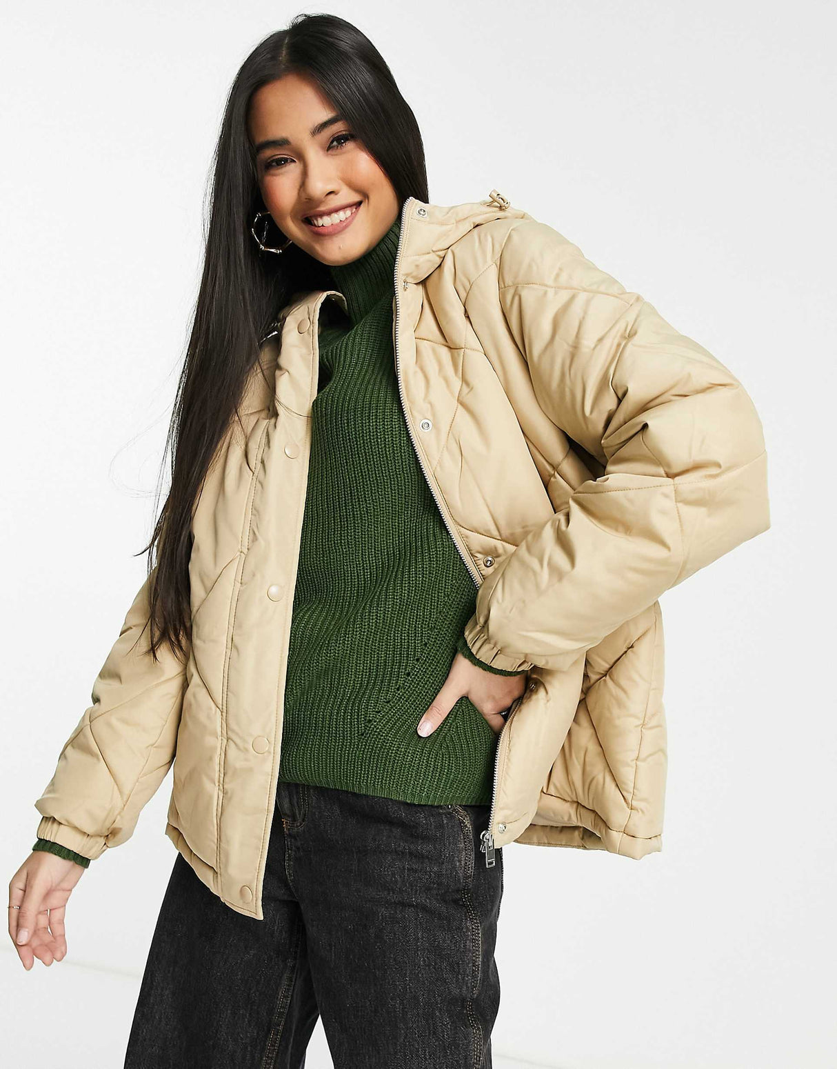 Selected Monika Hooded Quilted Jacket In Beige