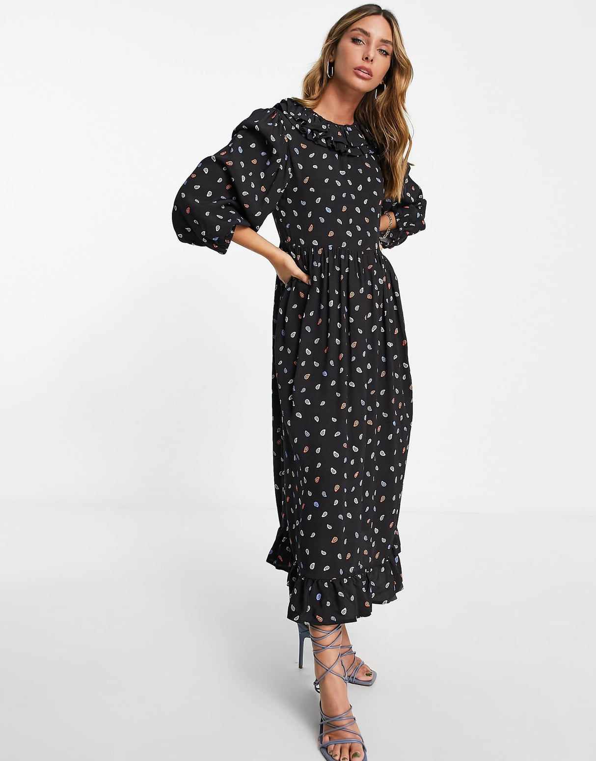 Edited Maxi Tea Dress With Frill Collar In Multi Paisley Print