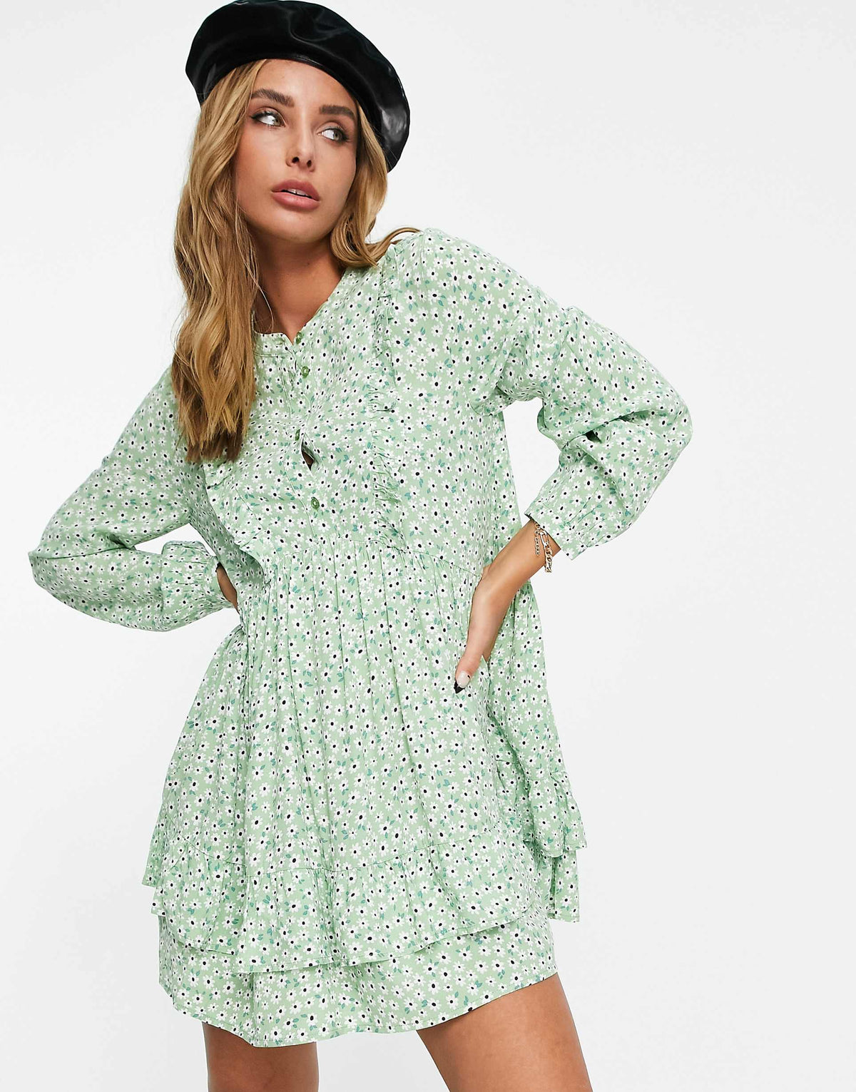 Edited Mini Tiered Tea Dress In Green Daisy Print