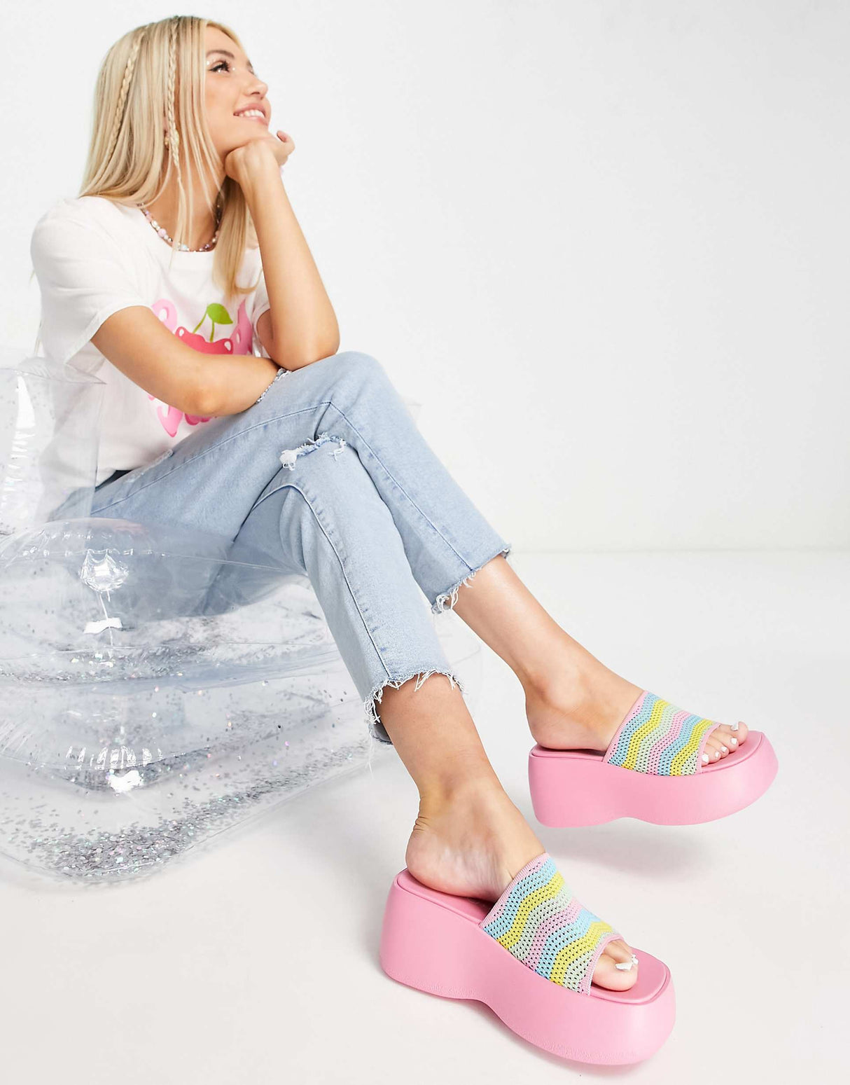 Daisy Street Exclusive Chunky Sole Sandals In Multi Pink Crochet