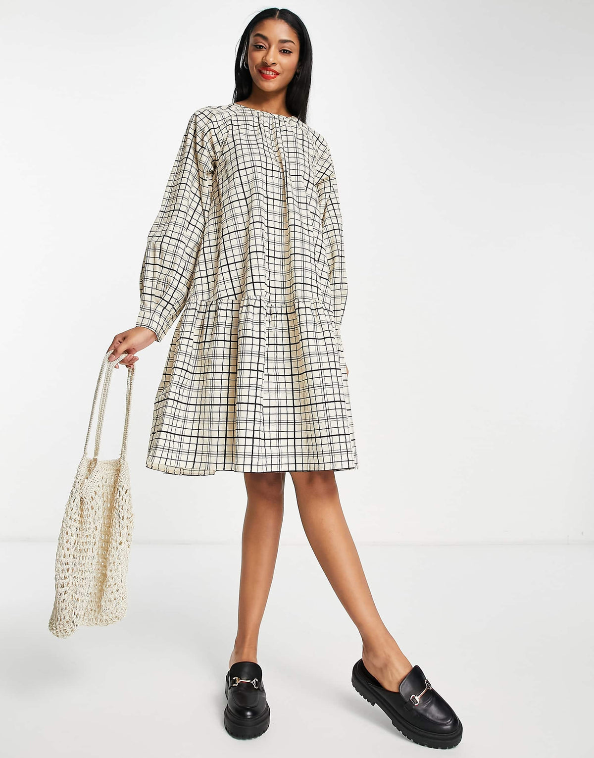 Selected Femme Cotton Check Dress In Cream