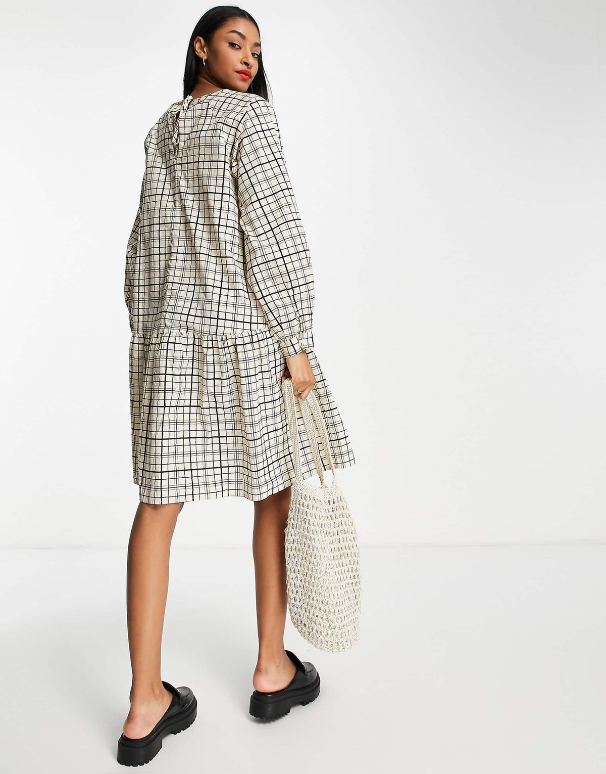 Selected Femme Cotton Check Dress In Cream