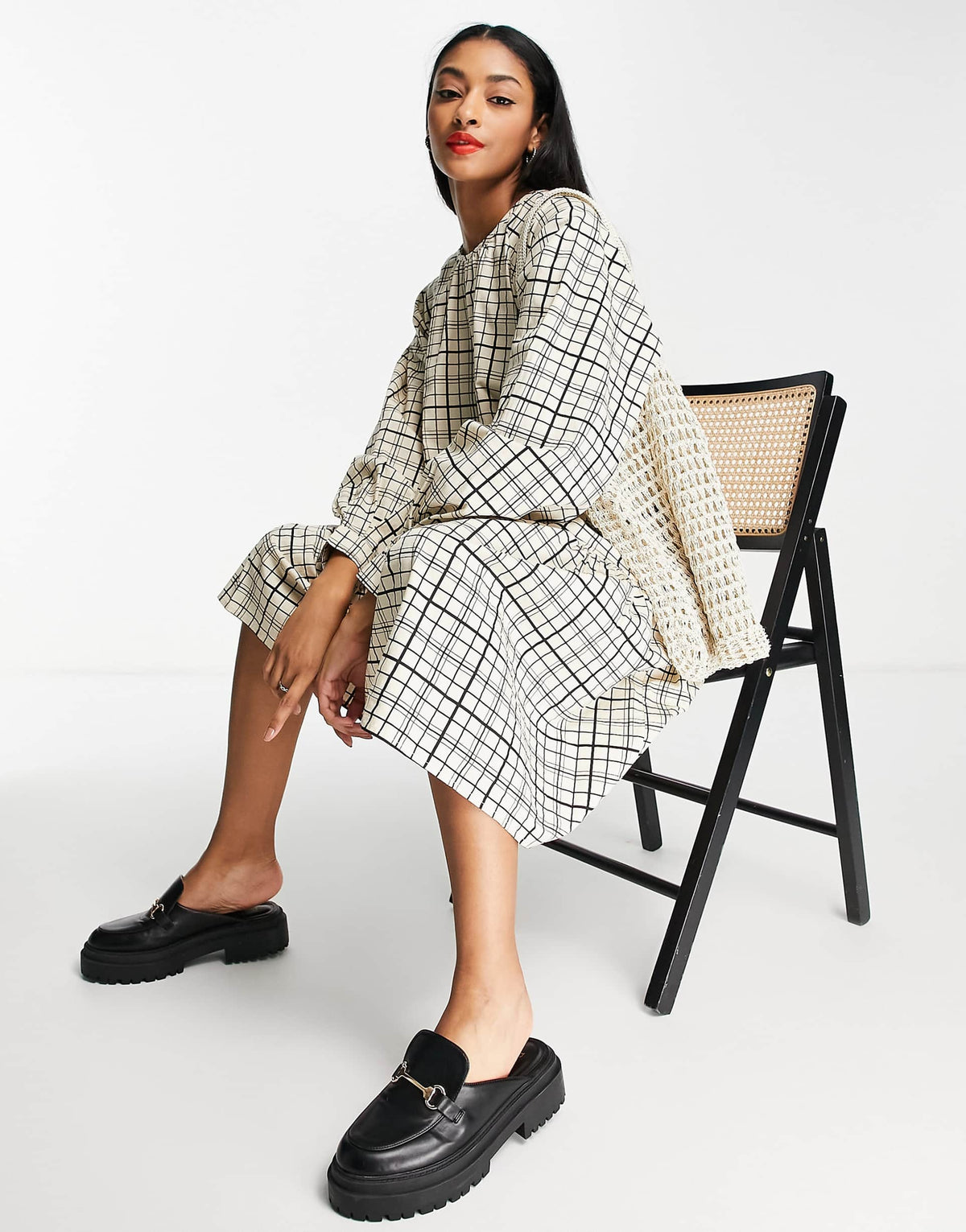 Selected Femme Cotton Check Dress In Cream