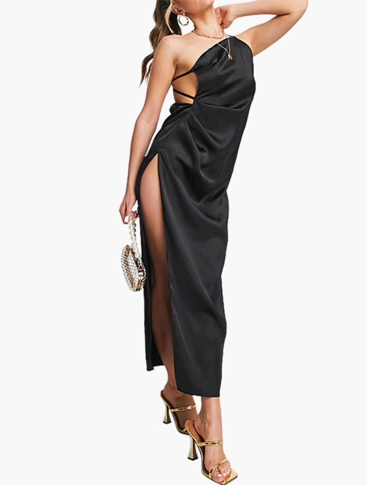 First Distraction The Label Satin Open Back Detail Midi Dress With Thigh Slit In Black