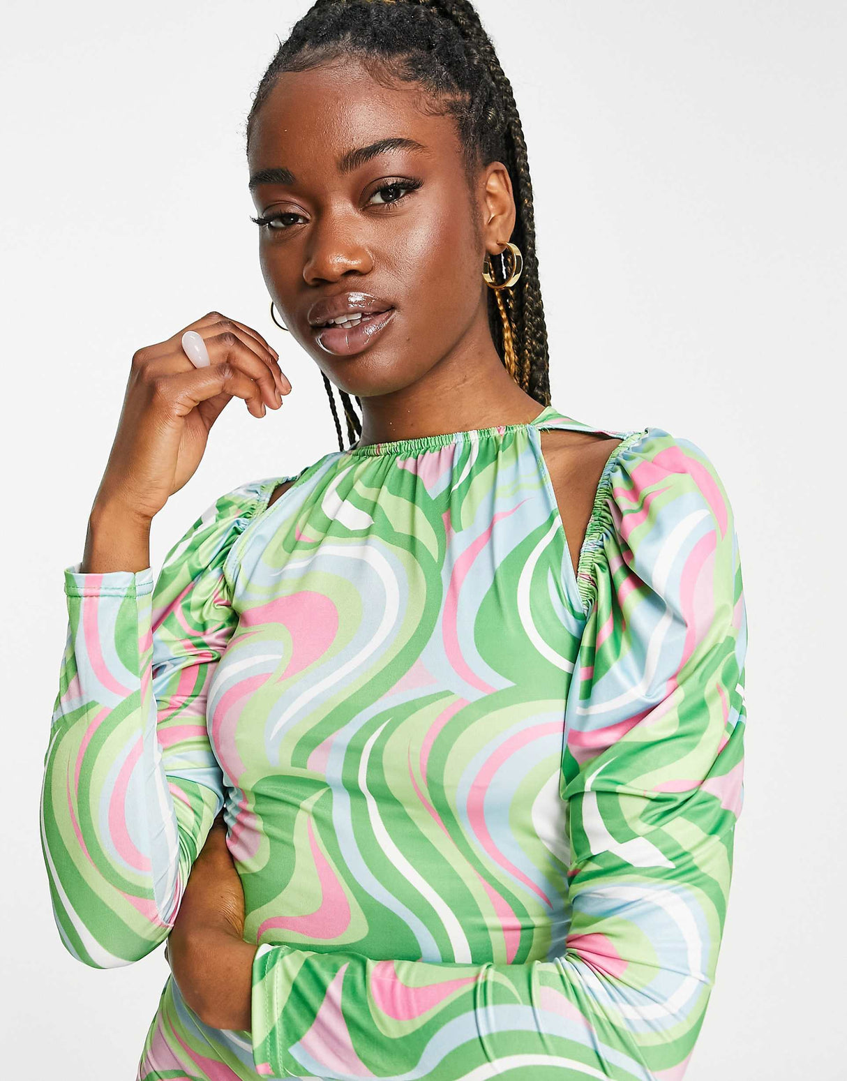 In The Style X Liberty Exclusive Cut Out Ruched Puff Shoulder Mini Bodycon Dress In Orange Swirl Print