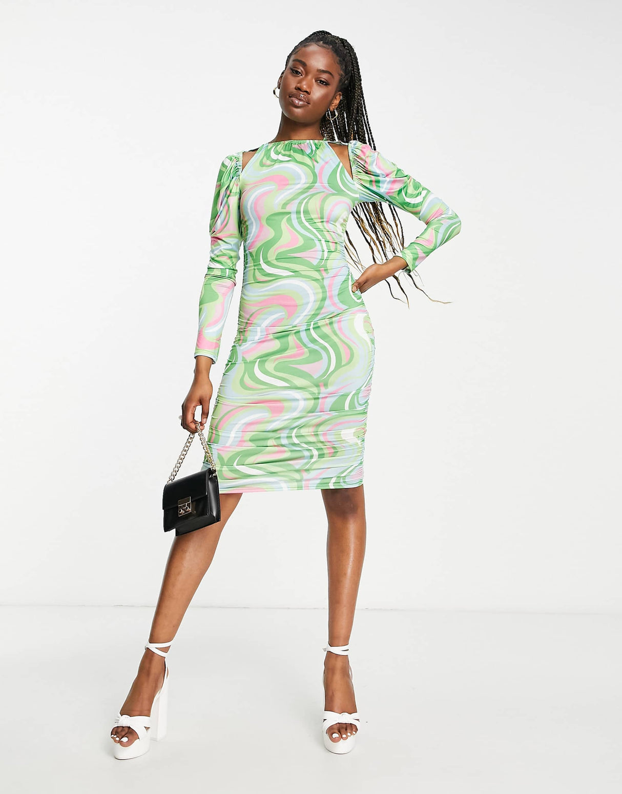 In The Style X Liberty Exclusive Cut Out Ruched Puff Shoulder Mini Bodycon Dress In Orange Swirl Print