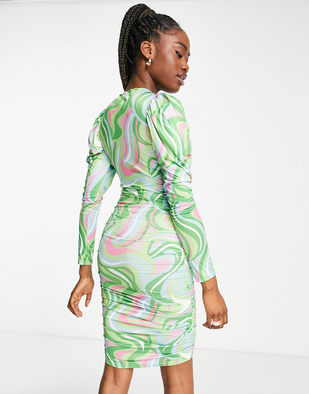 In The Style X Liberty Exclusive Cut Out Ruched Puff Shoulder Mini Bodycon Dress In Orange Swirl Print