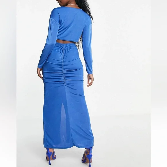 In The Style X Liberty Exclusive Long Sleeve Ruched Front Top Co-Ord In Navy