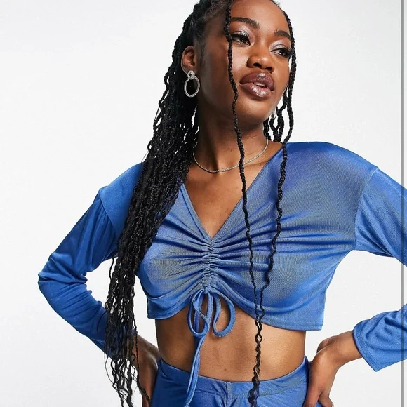 In The Style X Liberty Exclusive Long Sleeve Ruched Front Top Co-Ord In Navy