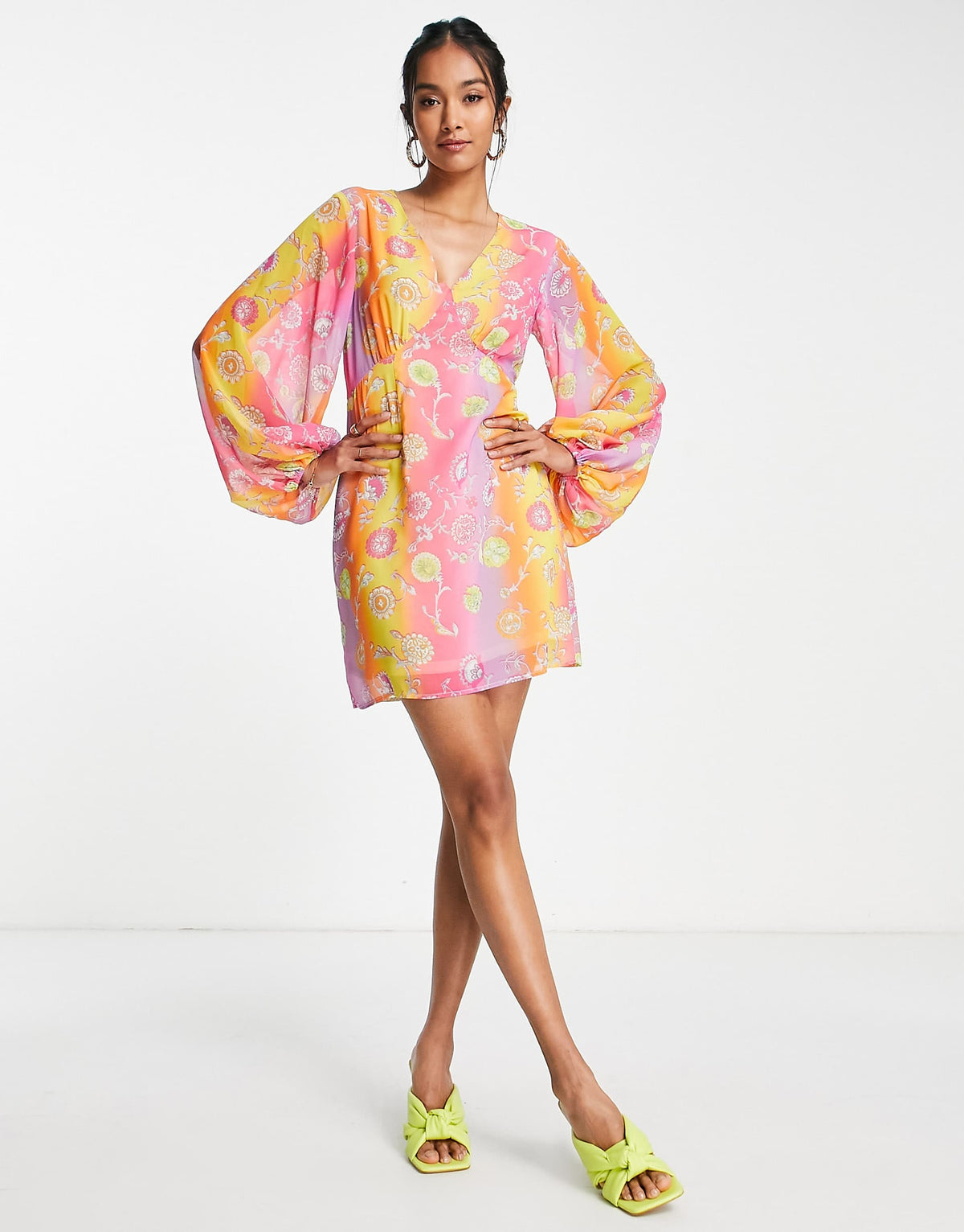 Never Fully Dressed Balloon Sleeve Mini Dress In Ombre Stripe Floral