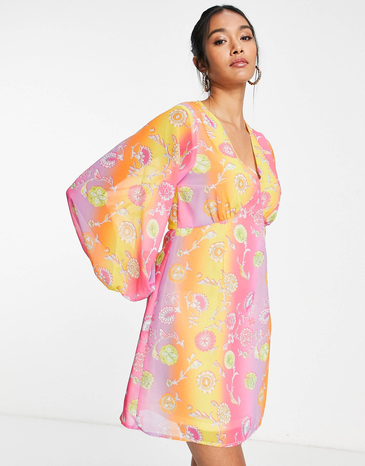 Never Fully Dressed Balloon Sleeve Mini Dress In Ombre Stripe Floral