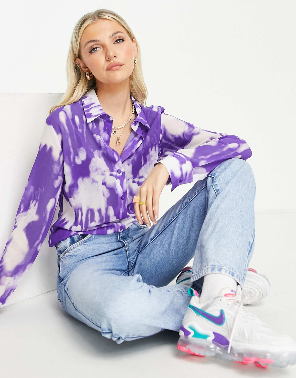 Weekday Long Sleeve Sheer Shirt In Blue Smudge Print