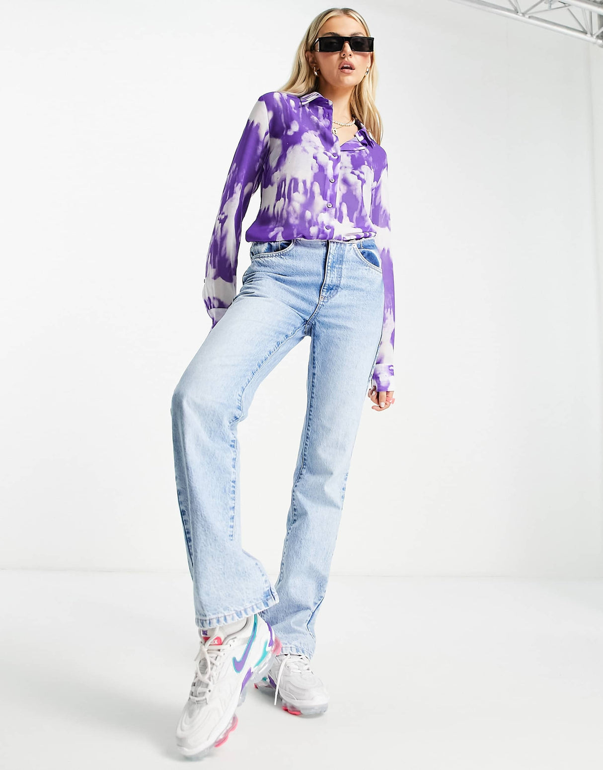 Weekday Long Sleeve Sheer Shirt In Blue Smudge Print