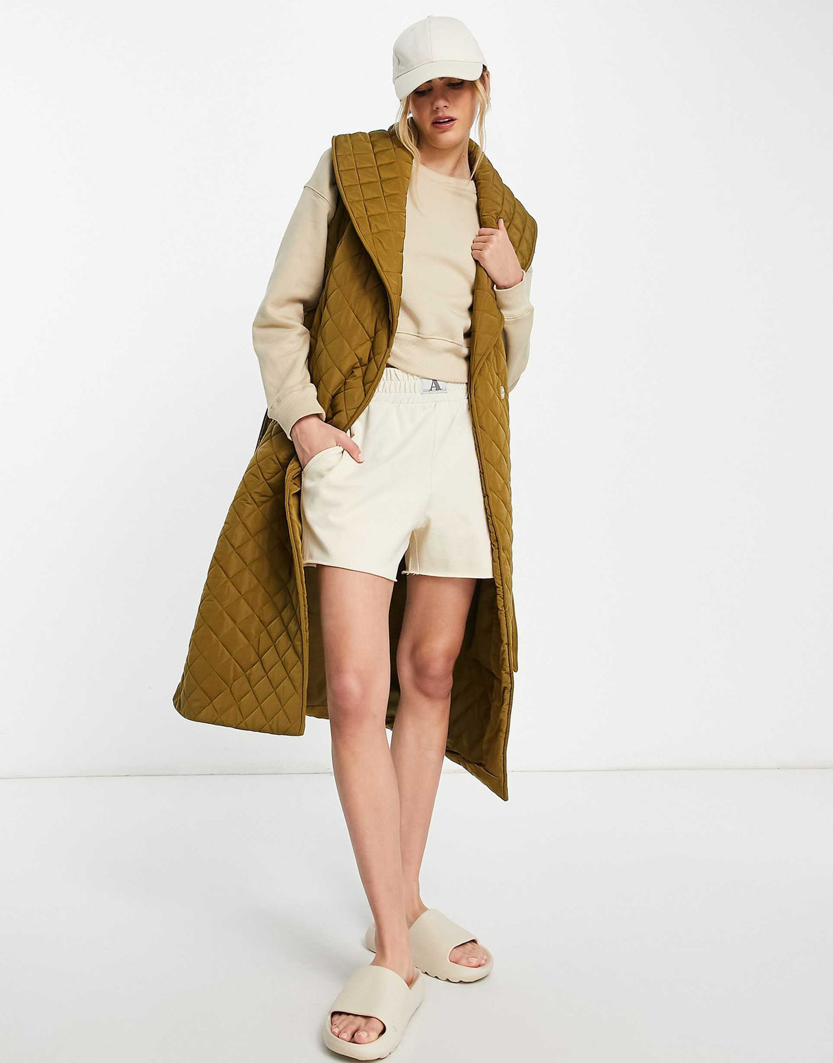 River Island Quilted Padded Wrap Sleeveless Jacket In Khaki