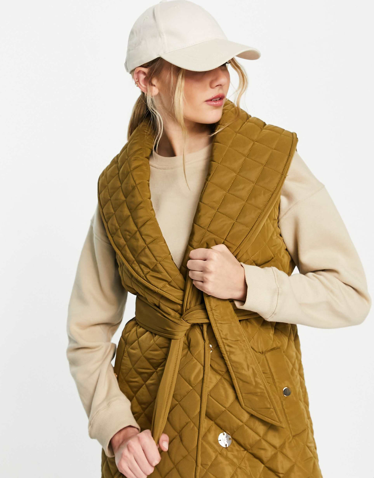 River Island Quilted Padded Wrap Sleeveless Jacket In Khaki