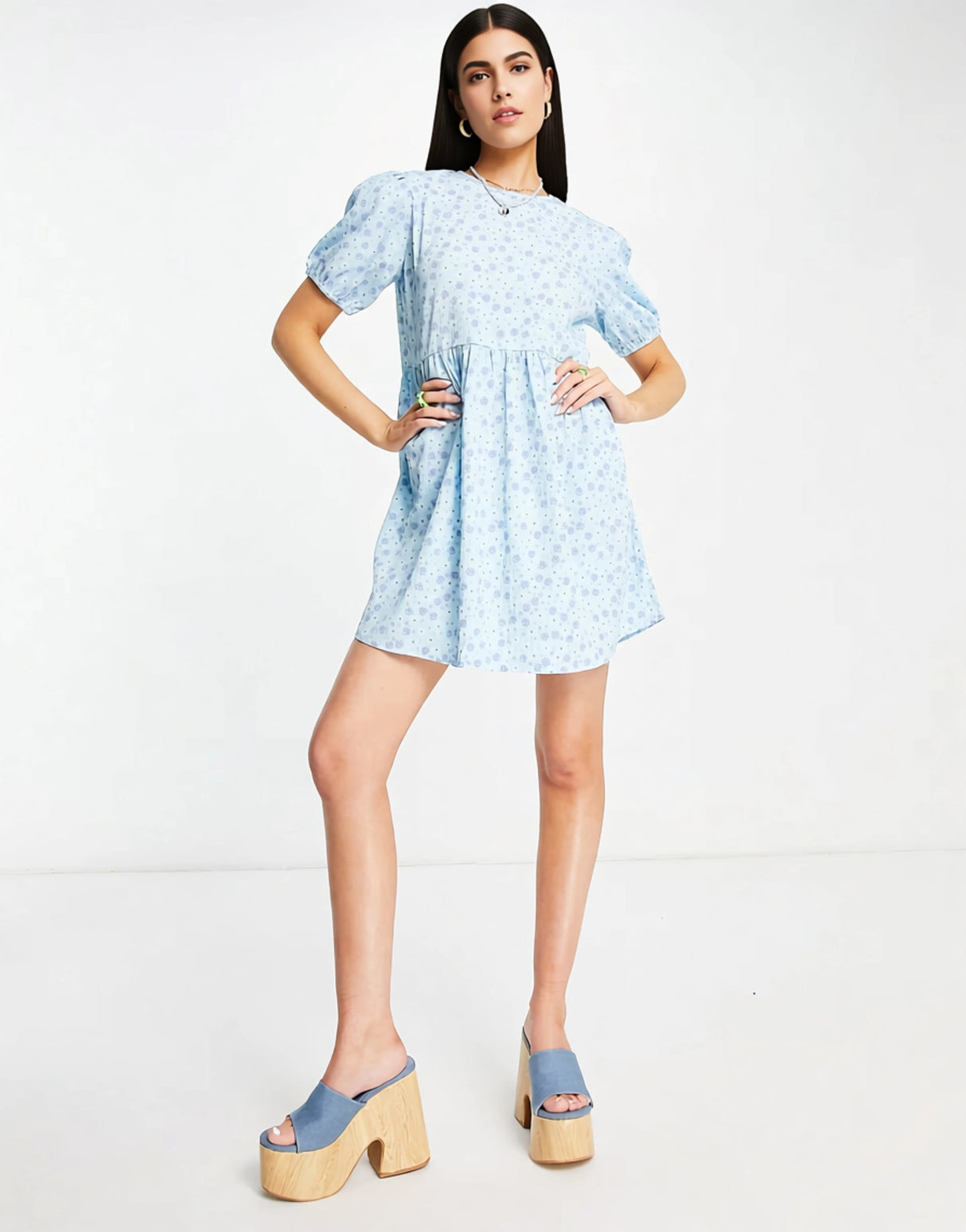 Daisy Street Mini Smock Dress In Baby Blue Floral