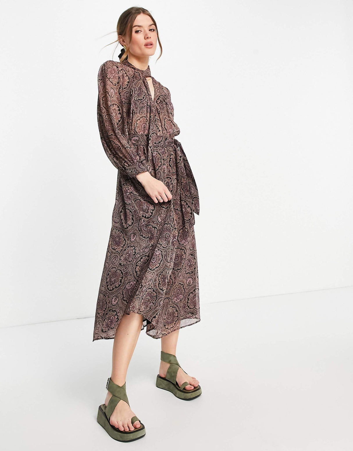 Mango Tie Detail Paisley Print Midi Dress In Multi