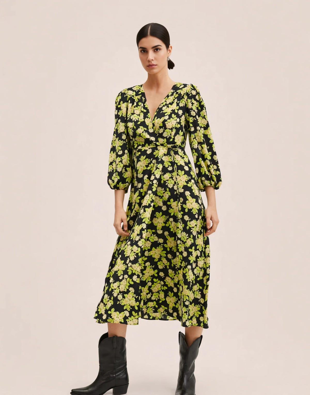 Mango Tie Neck Detail Midi Dress In Bold Floral Print