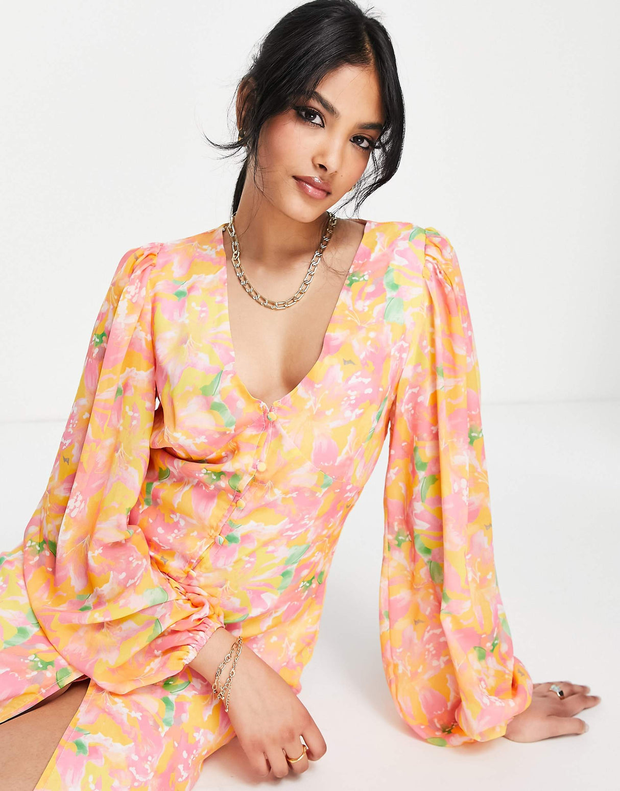 Pretty Lavish Balloon Sleeve Midaxi Dress In Pink And Orange Abstract Floral