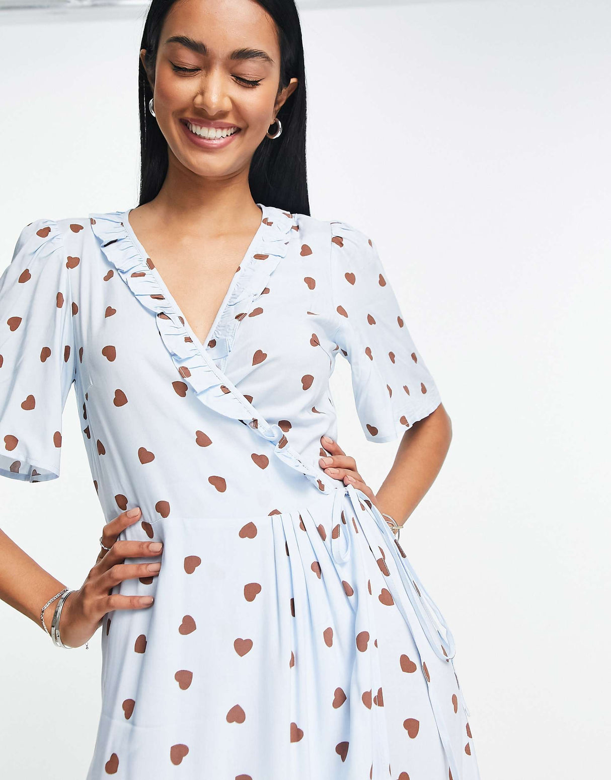 Y.A.S Exclusive Maxi Dress With Frill Detail In Blue And Brown Heart Print