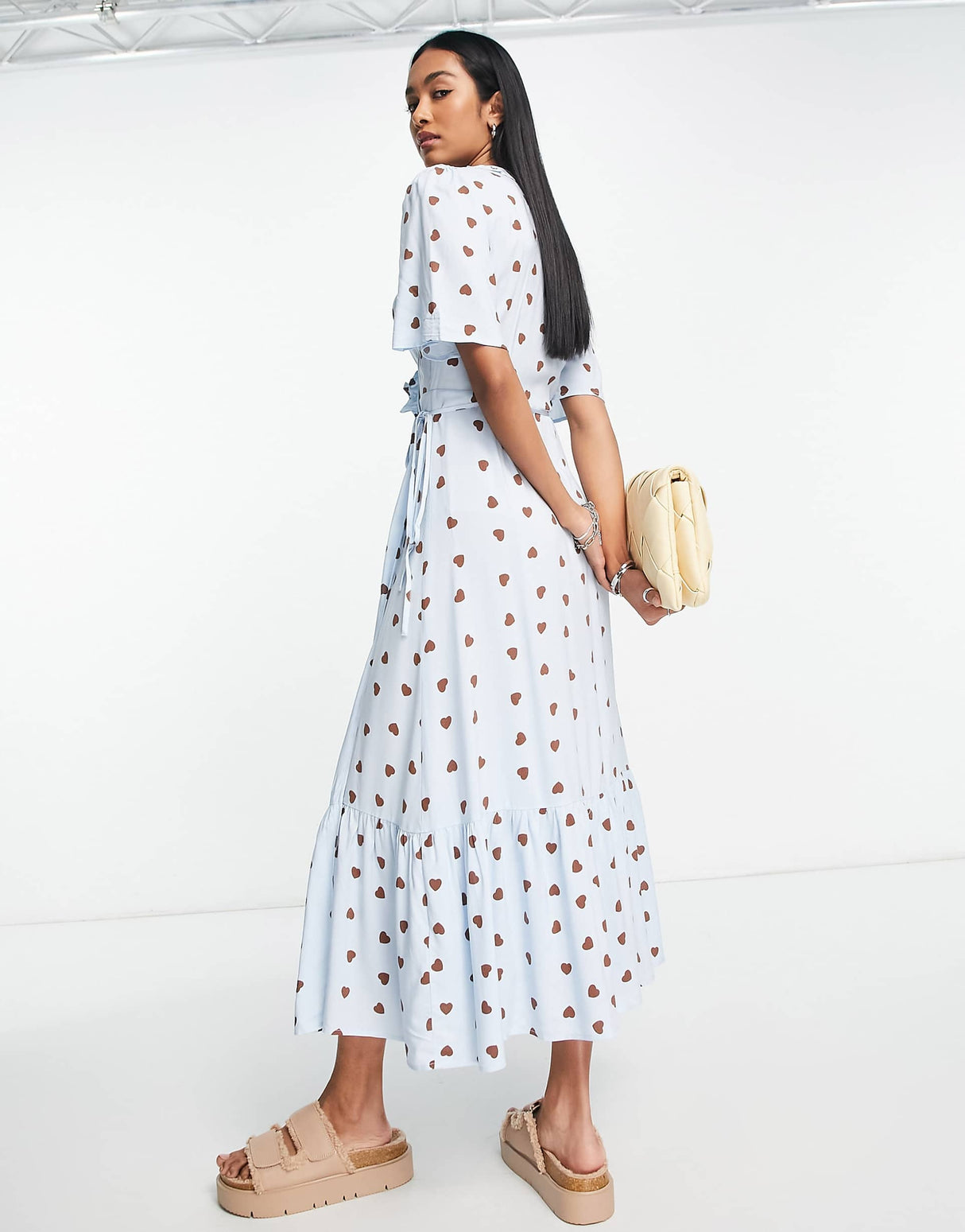 Y.A.S Exclusive Maxi Dress With Frill Detail In Blue And Brown Heart Print