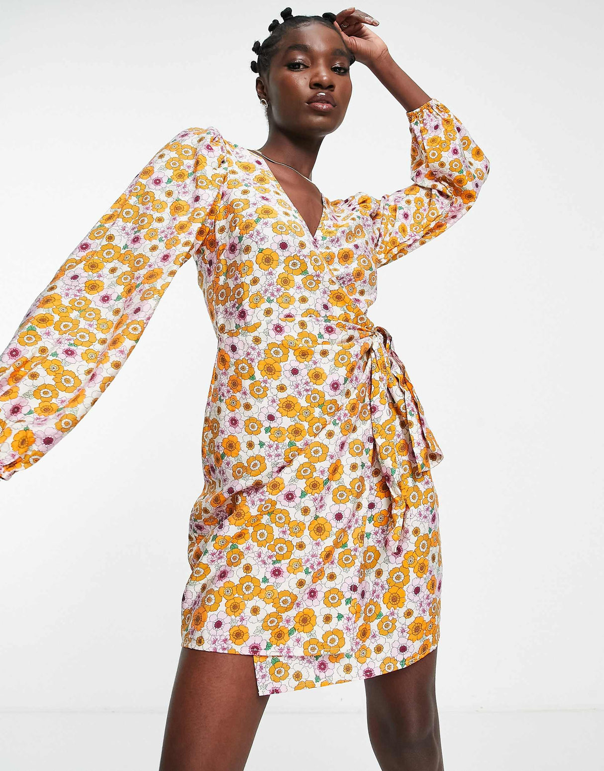 Envii Mini Wrap Dress With Balloon Sleeves In Retro Sunflower Print - Mustard