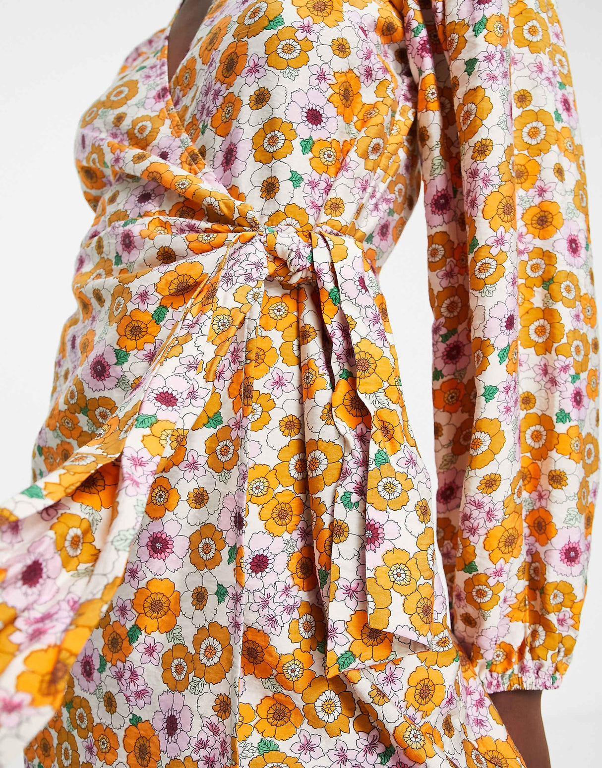 Envii Mini Wrap Dress With Balloon Sleeves In Retro Sunflower Print - Mustard