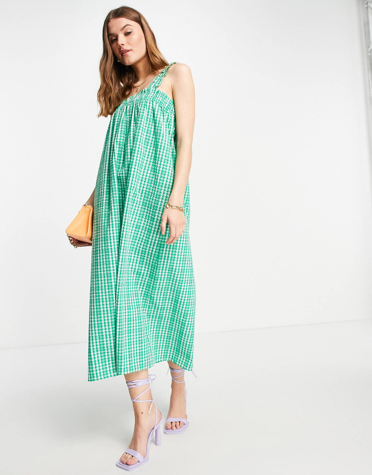 Envii Sleeveless Maxi Smock Dress In Green Check