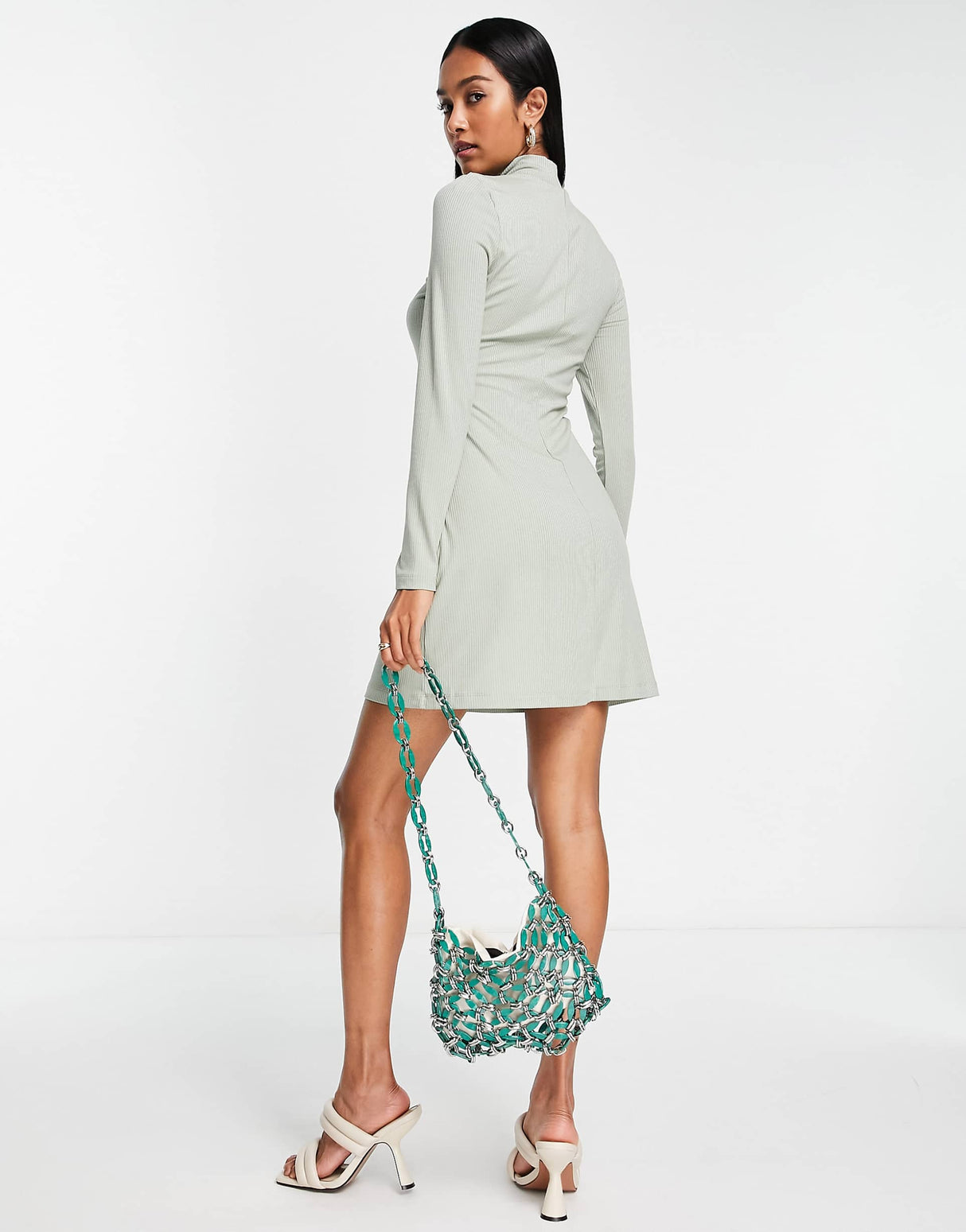 & Other Stories Long Sleeve Mini Dress In Dusty Green