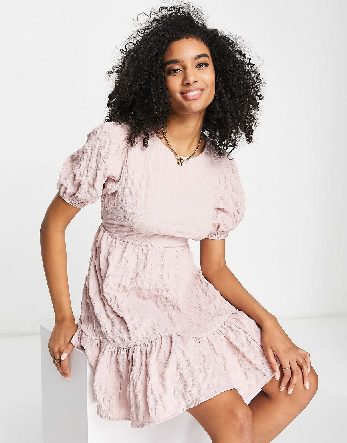 River Island Textured Puff Sleeve Mini Skater Dress In Pink