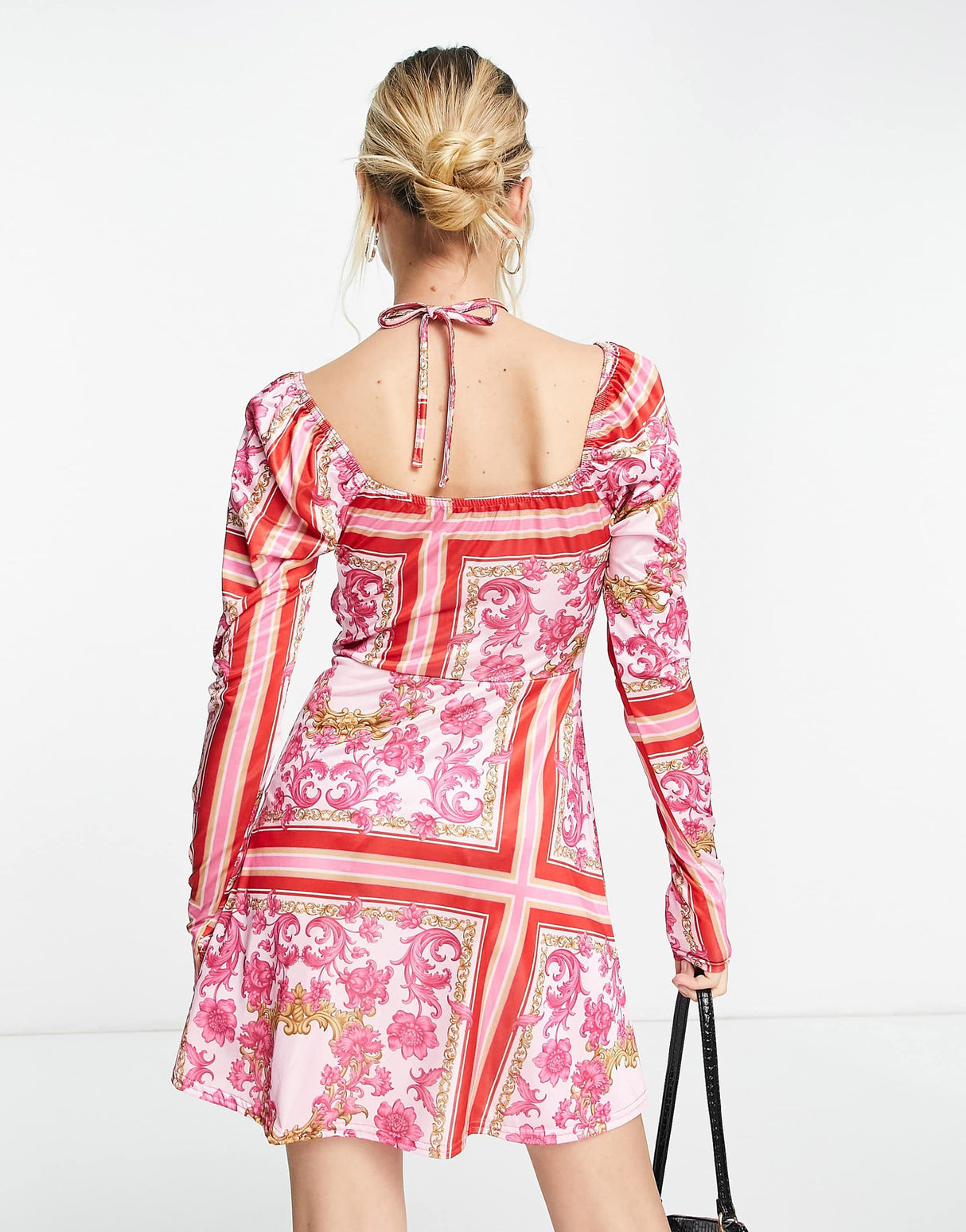 In The Style X Liberty Halterneck Puff Sleeve Mini Skater Dress In Pink Scarf Print